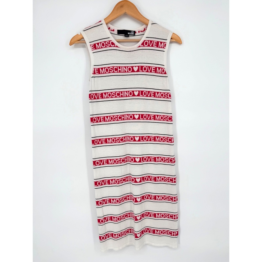 Love Moschino Womens White Pink Logo Stripe Heart Sleeveless Knit Dress Size 6 - Picture 3 of 10